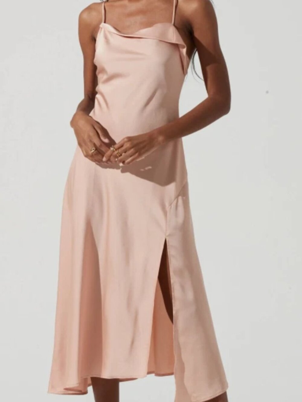 ASTR Women's The Label Cowl Neck Blush Pink Side Slit Slip Midi Dress Size Small